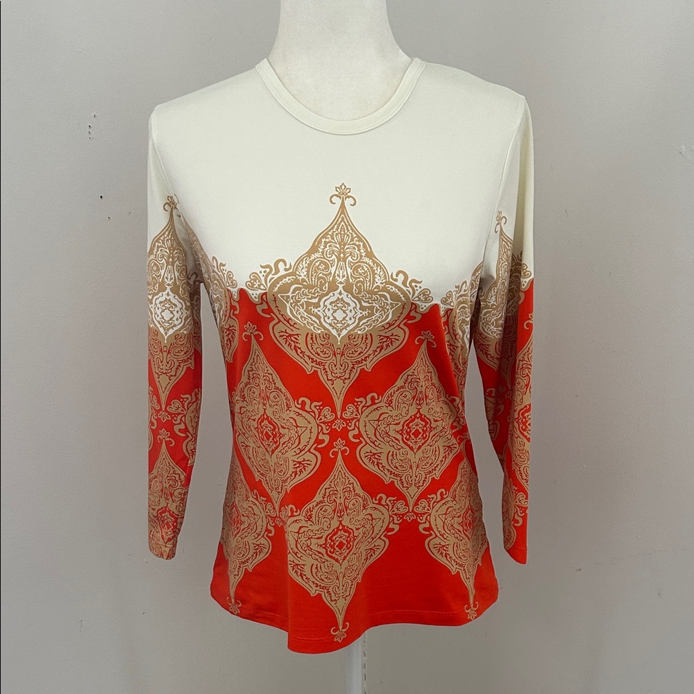 J. McLaughlin Cream and Orange Nylon Knit Top sz M